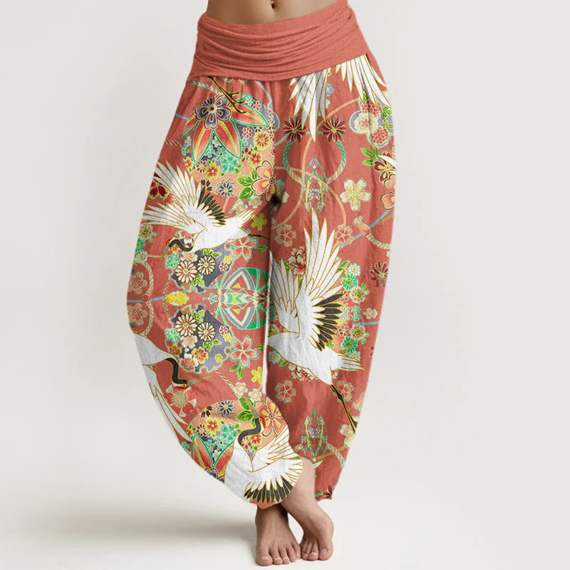 Buddha Stones Cotton Casual Crane Floral Geometric Pattern Elastic Waist Women's Harem Pants
