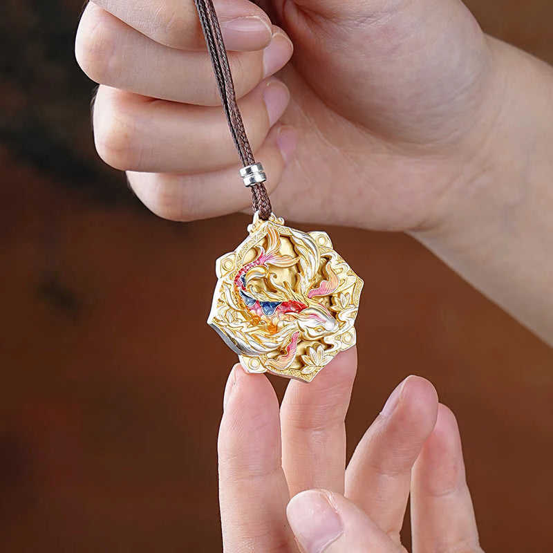 Buddha Stones 999 Sterling Silver Colorful Koi Fish Carved Luck Necklace Pendant