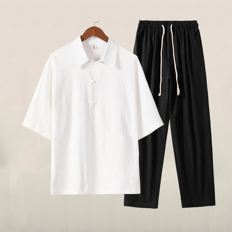 Buddha Stones Casual 2Pcs Pure Color Half Button Design Shirt Drawstring Pants Men's Cotton Linen Meditation Cloth Set With Pockets