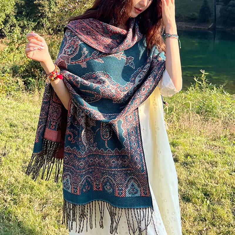 Buddha Stones Jacquard Ethnic Paisley Plants Pattern Tassel Soft Thermal Scarf Shawl