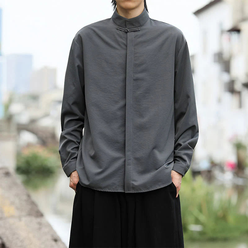 Buddha Stones Solid Color One Frog-Button Long Sleeve Cotton Men's Shirt
