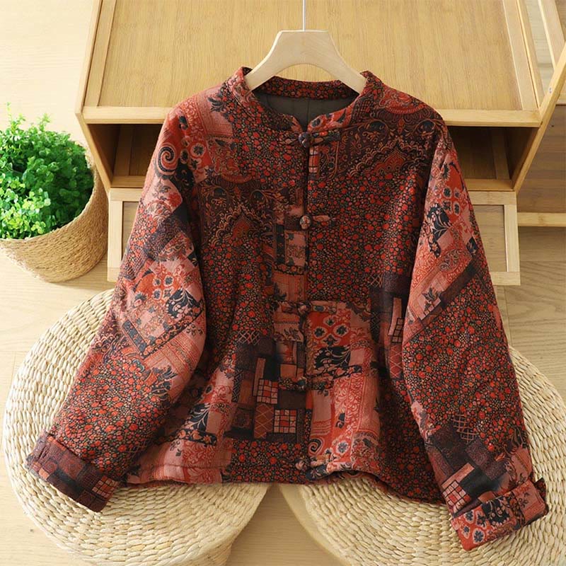 Buddha Stones Women's Ethnic Floral Long Sleeve Frog-buttons Cotton Thermal Jacket