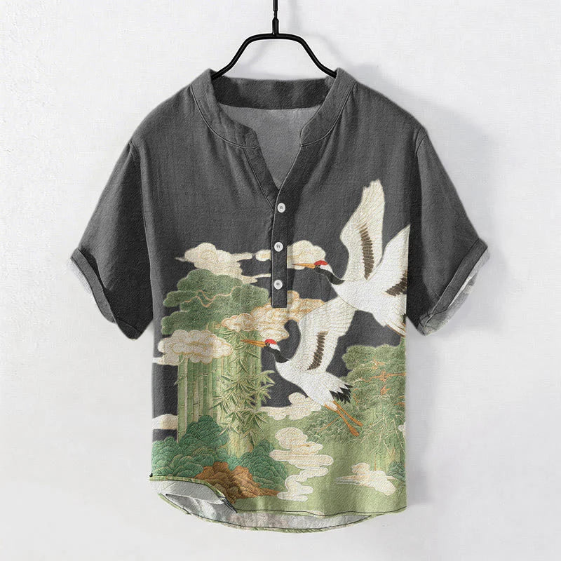 Buddha Stones Cotton Crane Auspicious Clouds Landscapes Pattern Men's Short Sleeve Half Button Shirt