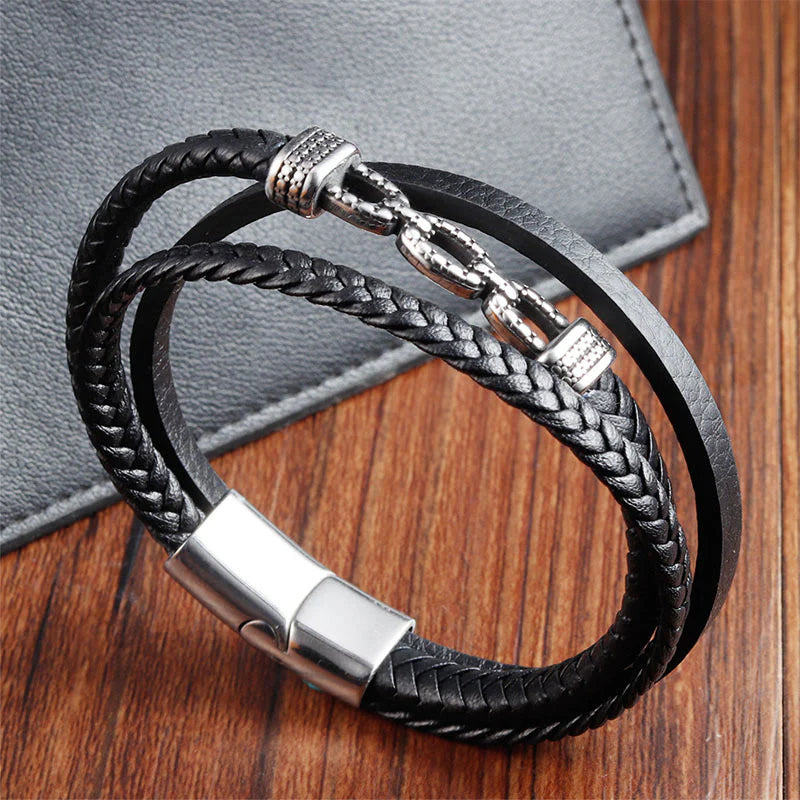 Buddha Stones Handmade Chain Link Design Titanium Steel Leather Strengthen Bracelet