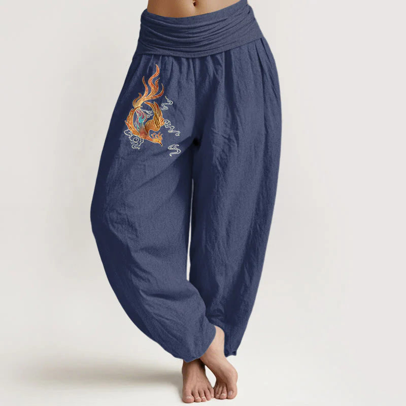 Buddha Stones Women's Pure Cotton Phoenix Auspicious Cloud Pattern Elastic Waist Harem Pants