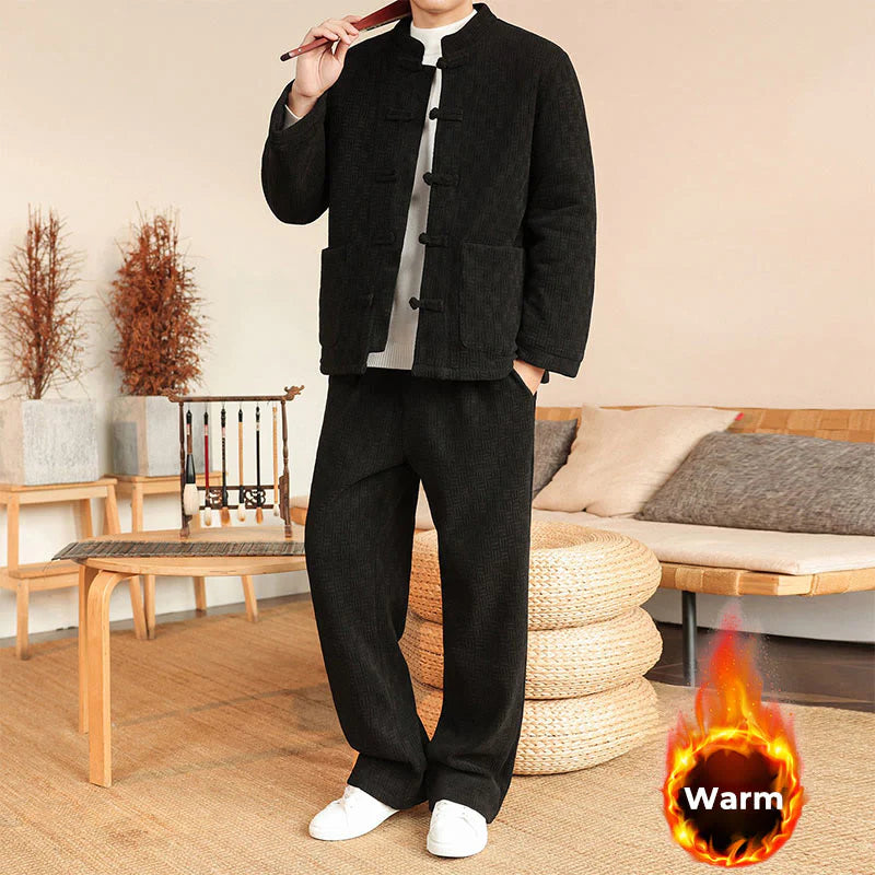 Buddha Stones 2Pcs Winter Solid Men's Tang Suit Frog-Button Cotton Long Sleeve Jacket Pants Set With Pockets