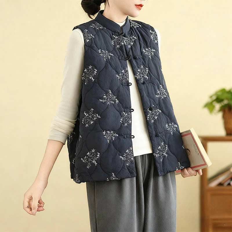 Buddha Stones Embroidered Frog-Button Women's Sleeveless Cotton Vest Waistcoat With Pockets