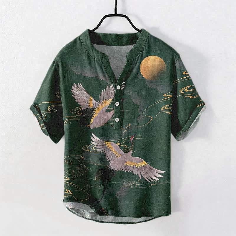Buddha Stones Cotton Full Moon Crane Pattern Men's Short Sleeve Half Button Shirt