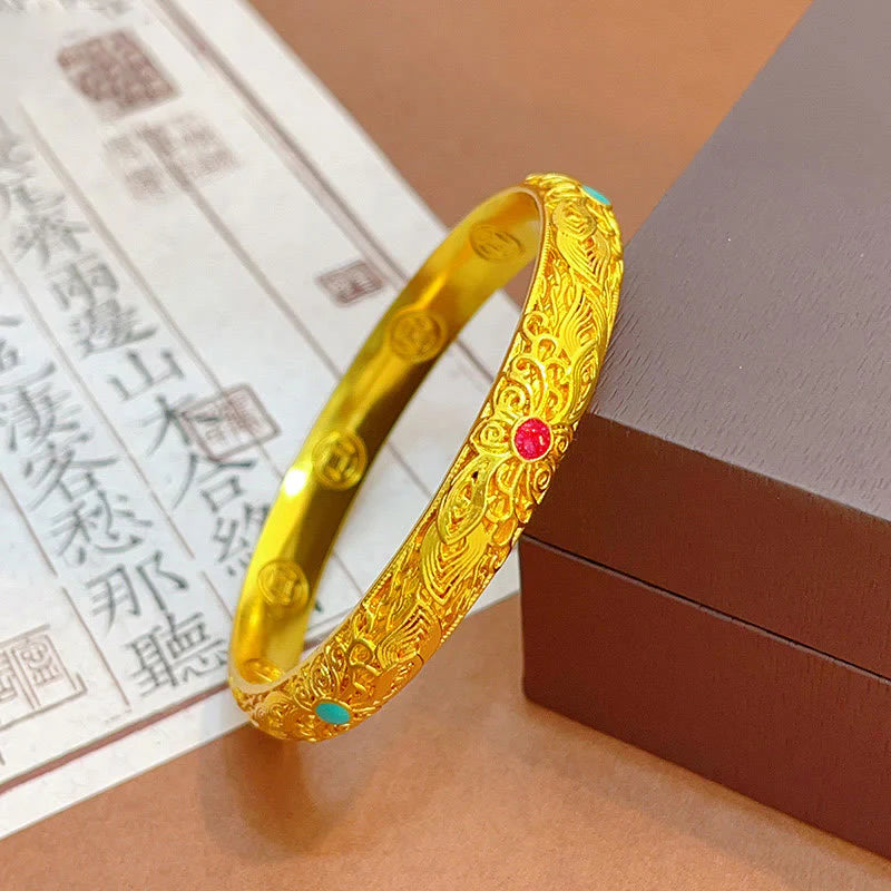 Buddha Stones Copper Plated Gold Flowers Leaves Luck Bracelet Bangle
