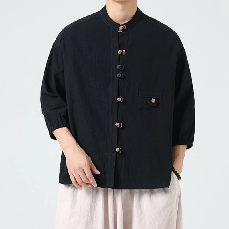 Buddha Stones Summer Frog-Button Front Stand Collar Men's Three Quarter Sleeve Cotton Shirt Cardigan With Pocket