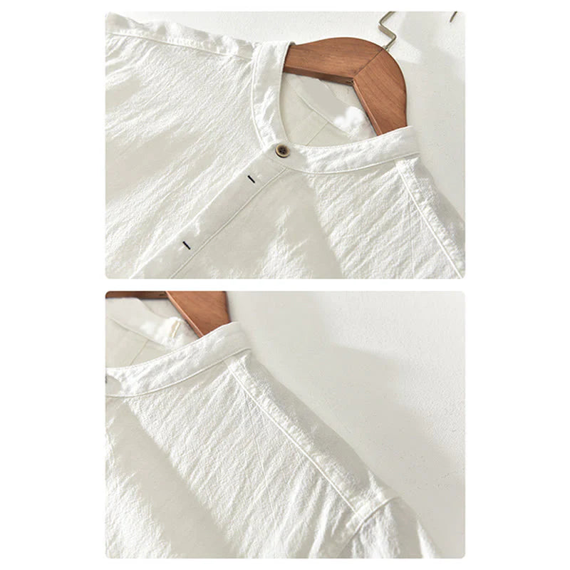 Buddha Stones Solid Color Short Sleeve Half Button Shirt Cotton Men Clothing