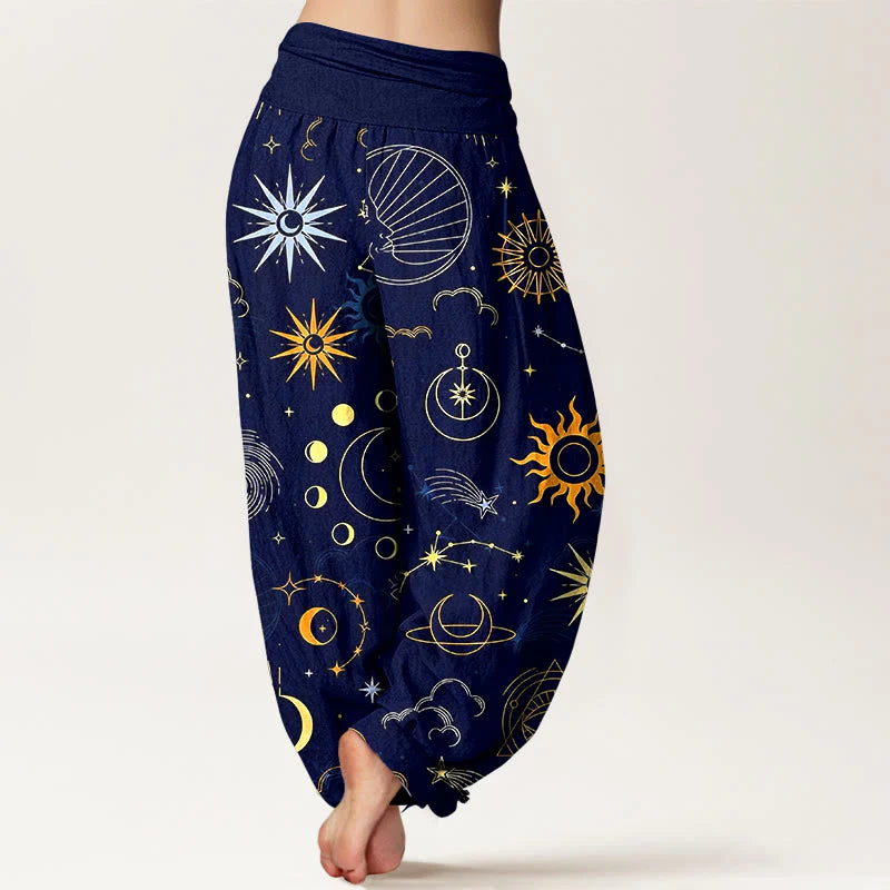 Buddha Stones Cotton Moon Sun Cloud Star Constellation Pattern Women's Elastic Waist Harem Pants