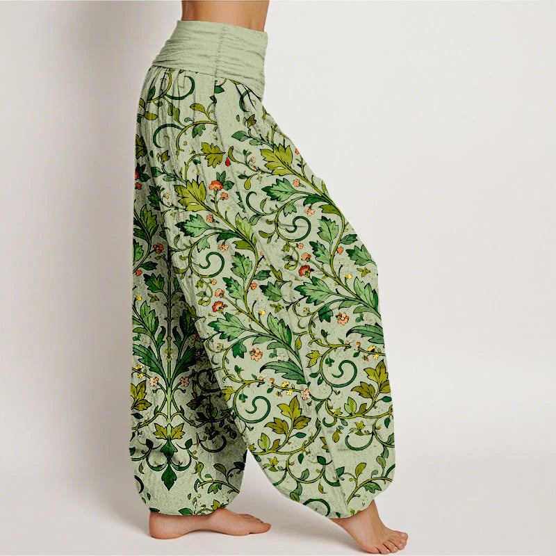 Buddha Stones Pure Cotton Classical Symmetrical Plant Leaf Pattern Women's Elastic Waist Harem Pants