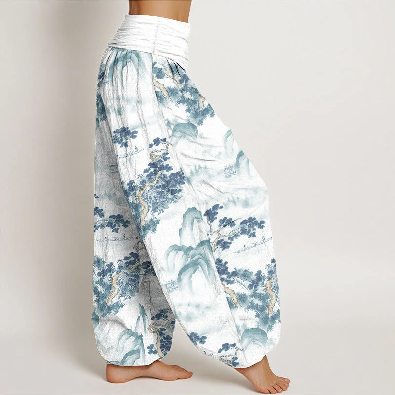 Buddha Stones Print Pine Trees Mountains Pattern Pure Cotton Women's Elastic Waist Harem Pants