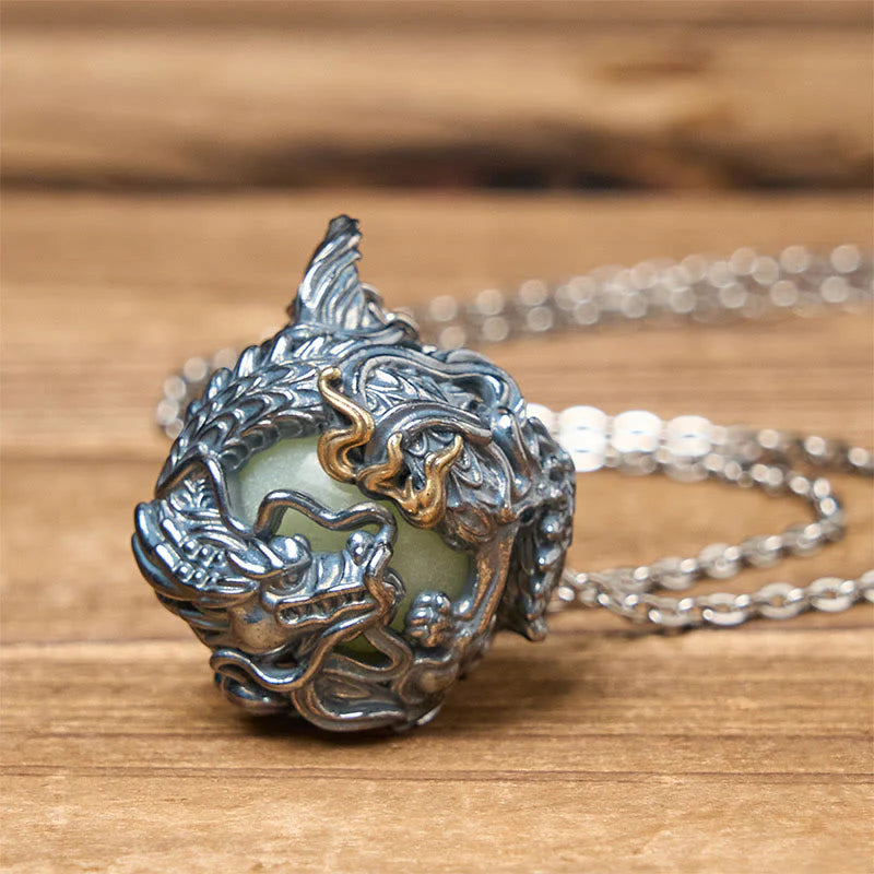 Buddha Stones Copper Dragon Surrounding Bead Strength Pendant Necklace