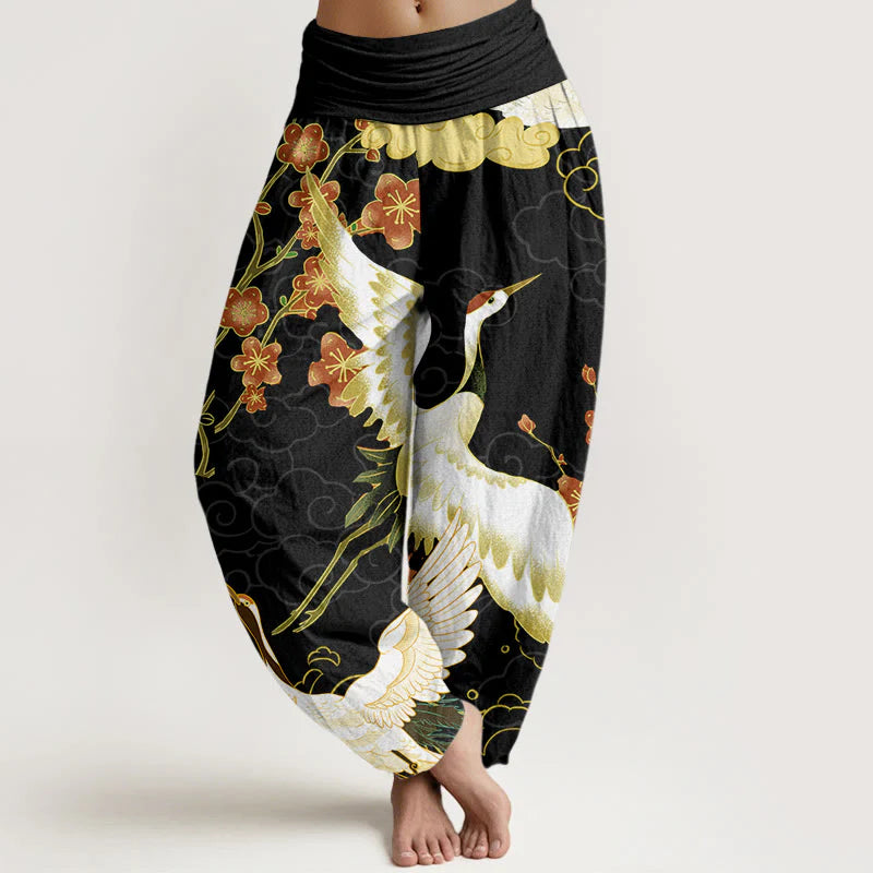 Buddha Stones Pure Cotton Cranes Flowers Auspicious CloudsÂ Pattern Women's Elastic Waist Harem Pants