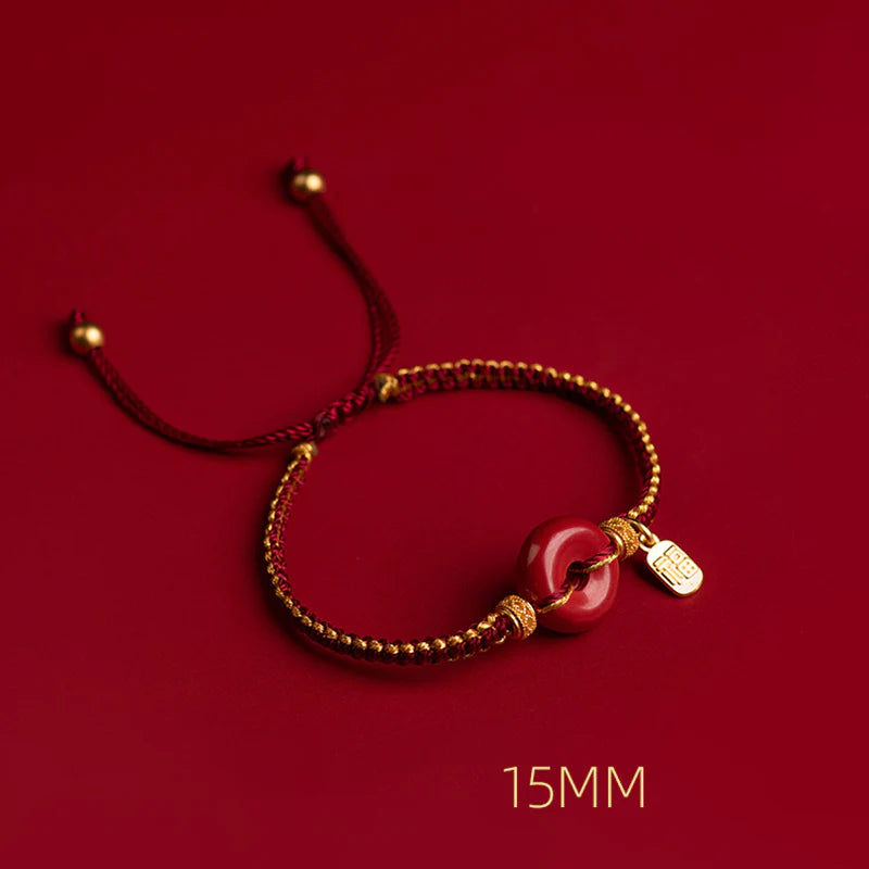 Buddha Stones Natural Cinnabar Peace Buckle Fu Character Charm Blessing Braided Bracelet