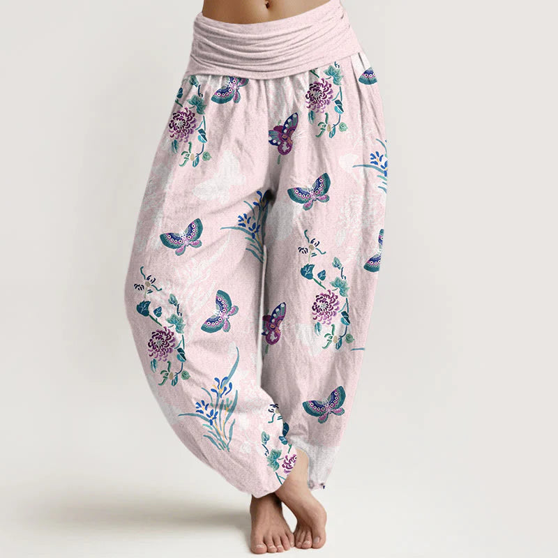 Buddha Stones Pure Cotton Fresh Elegant Butterfly Grass Flower Pattern Women's Elastic Waist Harem Pants