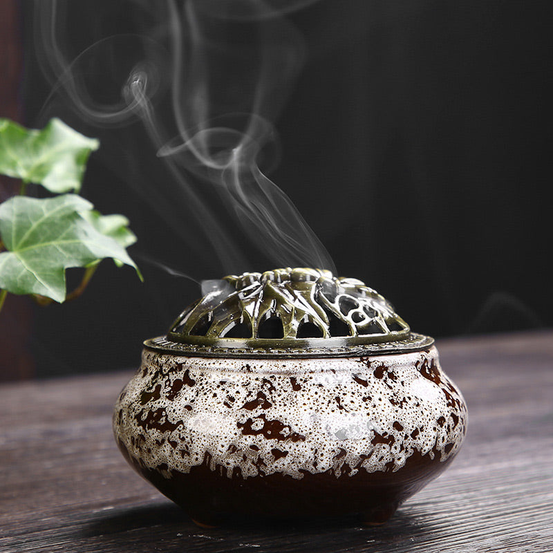 Buddha Stones Flower Pattern Ceramic Blessing Meditation Incense Burner Decoration