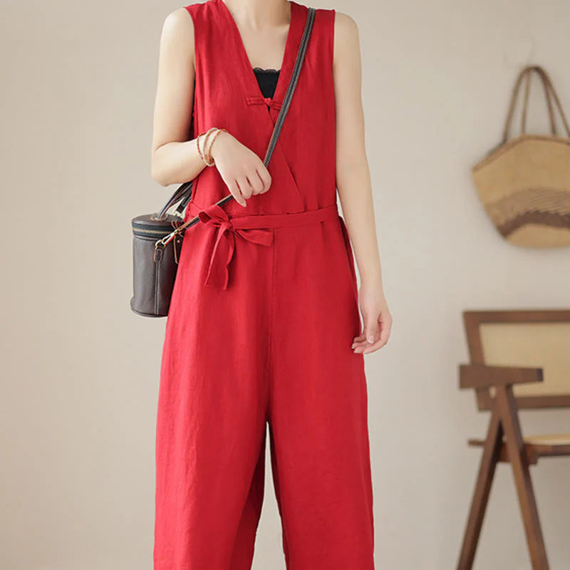 Buddha Stones Casual Lace-Up Simple Sleeveless Design Women's Cotton Linen Jumpsuit With Pockets