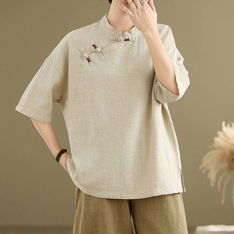 Buddha Stones Plain Chinese Frog-Button Stand Collar Design Women's Cotton Linen Half Sleeve Shirt
