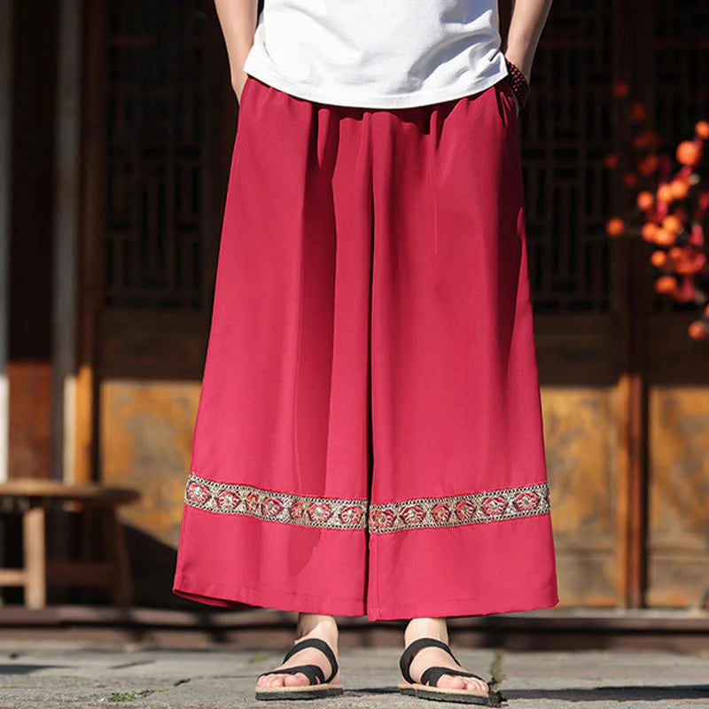 Buddha Stones Summer Cotton Embroidered Hem Elastic Waist Men's Cropped Wide Leg Pants With Pockets