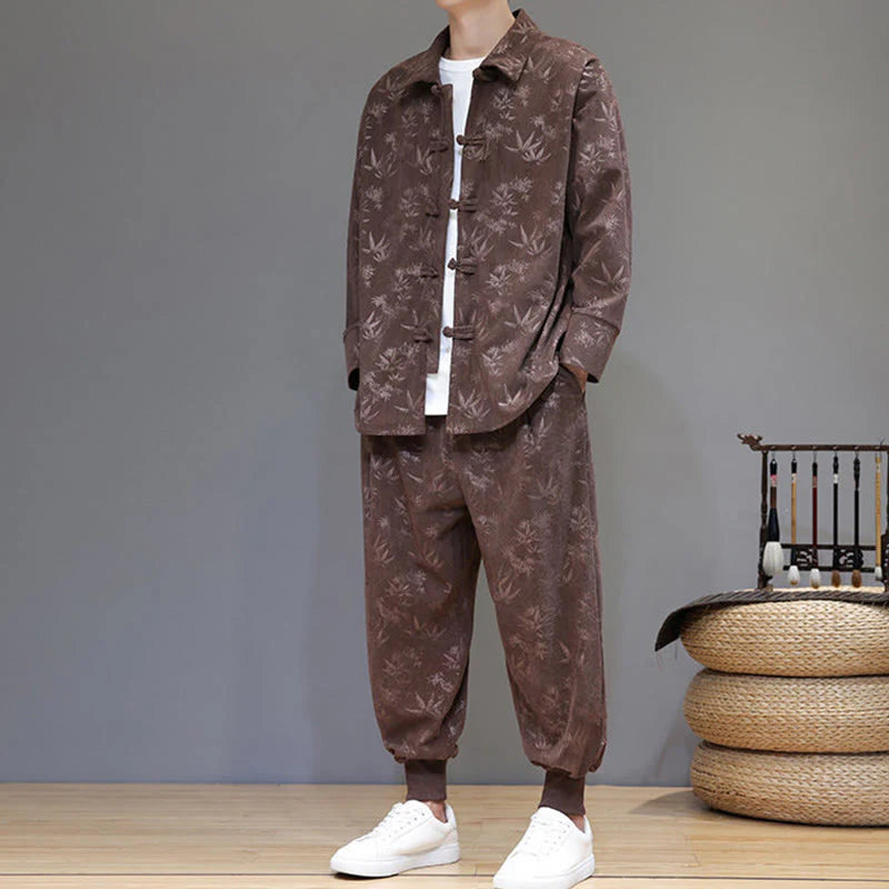 Buddha Stones 2Pcs Winter Thick Bamboo Men's Tang Suit Frog-Button Cotton Corduroy Long Sleeve Jacket Pants Set With Pockets