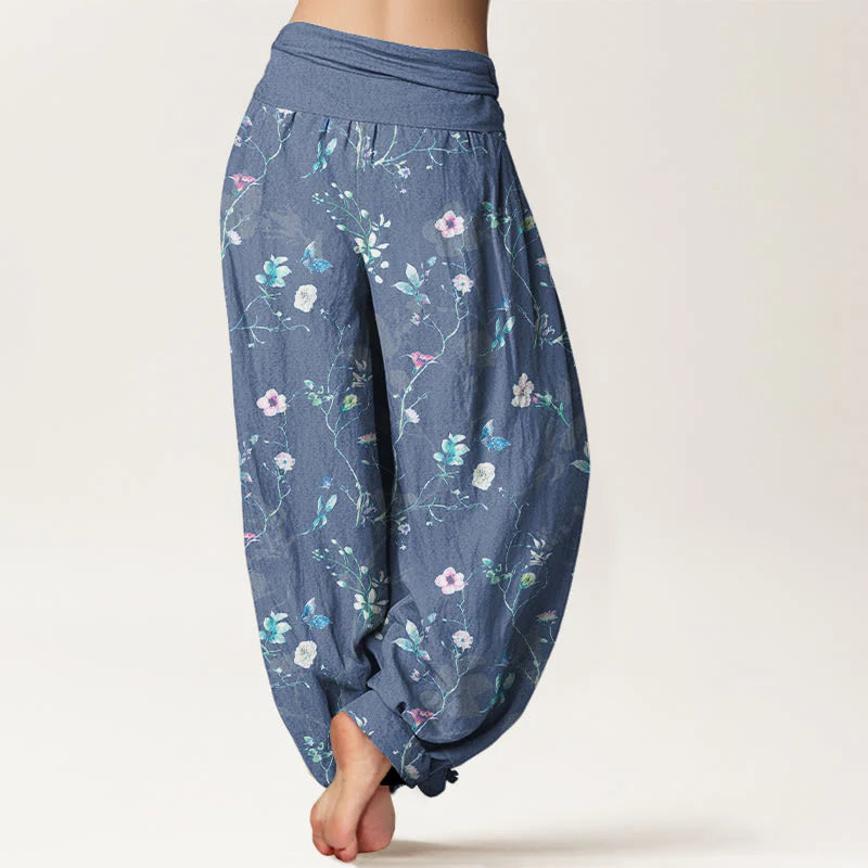 Buddha Stones Pure Cotton Retro Flowers Leaves Branches Pattern Women's Elastic Waist Harem Pants