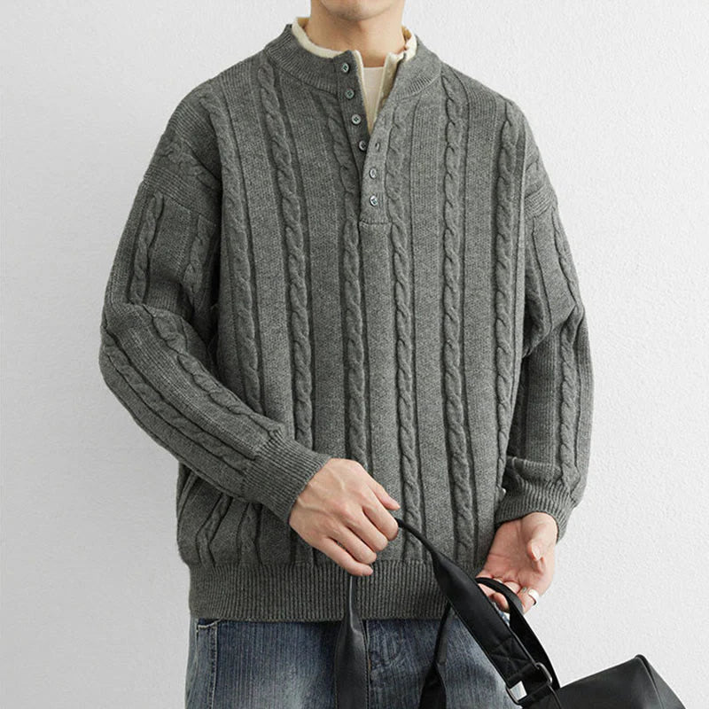 Buddha Stones Winter V-Neck Buttons Twisted Design Warm Men's Long Sleeve Knitted Sweater
