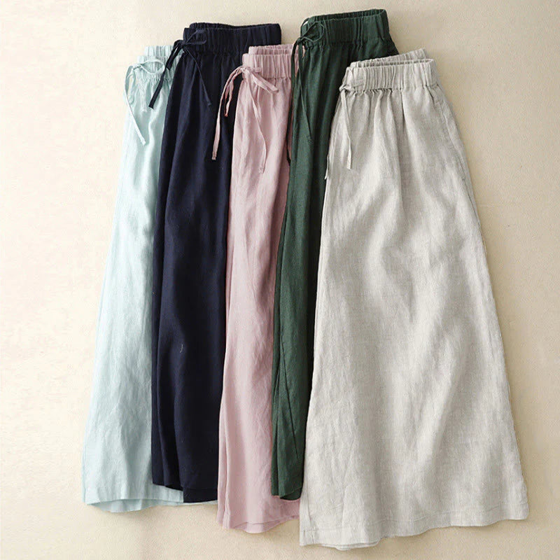 Buddha Stones Summer Elastic Waist Women's Capri Cropped Wide Leg Pants With Pockets