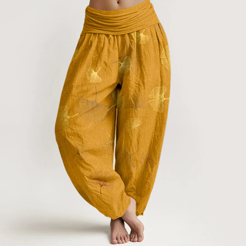 Buddha Stones Cotton Elegant Ginkgo Pattern Women's Elastic Waist Harem Pants