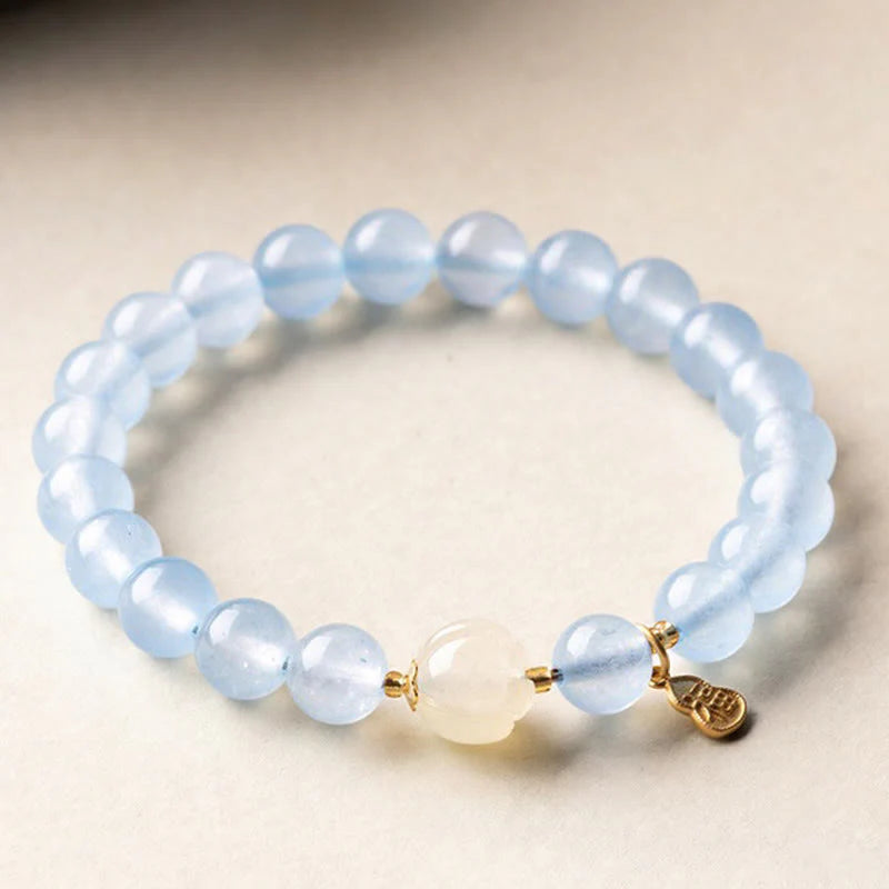 Buddha Stones Natural Aquamarine Fu Character Lucky Fortune Healing Bracelet