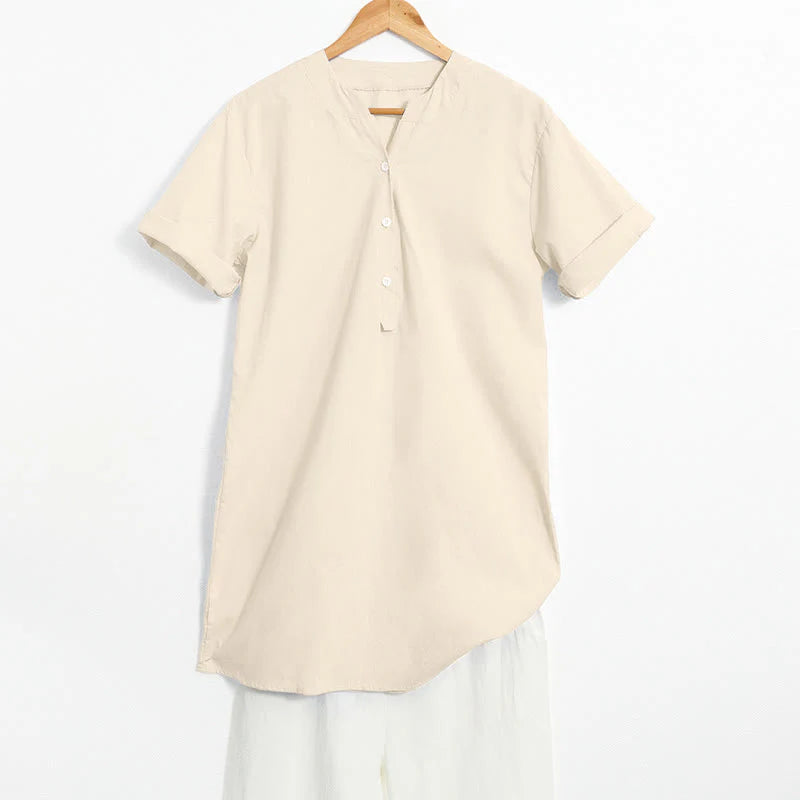 Buddha Stones Casual Plain Button Notched Collar Women's Short Sleeve Shirt