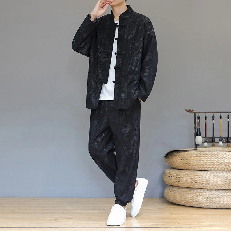 Buddha Stones 2Pcs Fall Winter Men's Tang Suit Dragon Frog-Button Cotton Corduroy Long Sleeve Jacket Pants Set With Pockets