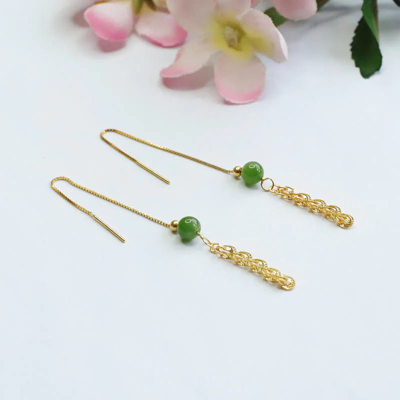 Buddha Stones 925 Sterling Silver Natural Hetian Cyan Jade Bead Luck Phoenix Tail Drop Earrings