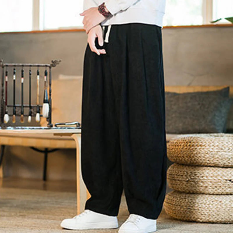 Buddha Stones Retro Men's Plain Fleece-Lined Corduroy Simple Design Harem Pants With Pockets