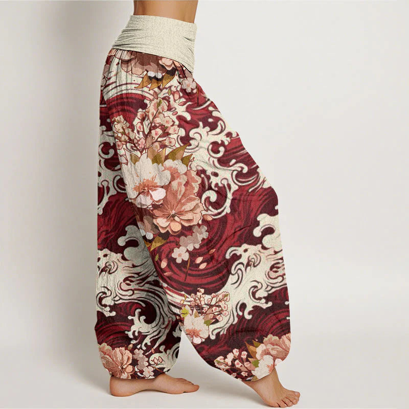 Buddha Stones Cotton Casual Wave And Floral Pattern Women's Elastic Waist Harem Pants