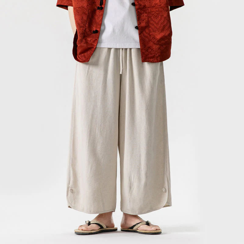 Buddha Stones Summer Plain Drawstring Design Linen Cotton Men's 7-8 Length Pants With Pockets