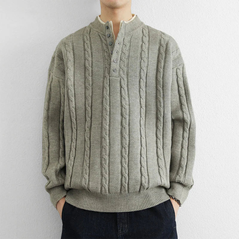 Buddha Stones Winter V-Neck Buttons Twisted Design Warm Men's Long Sleeve Knitted Sweater