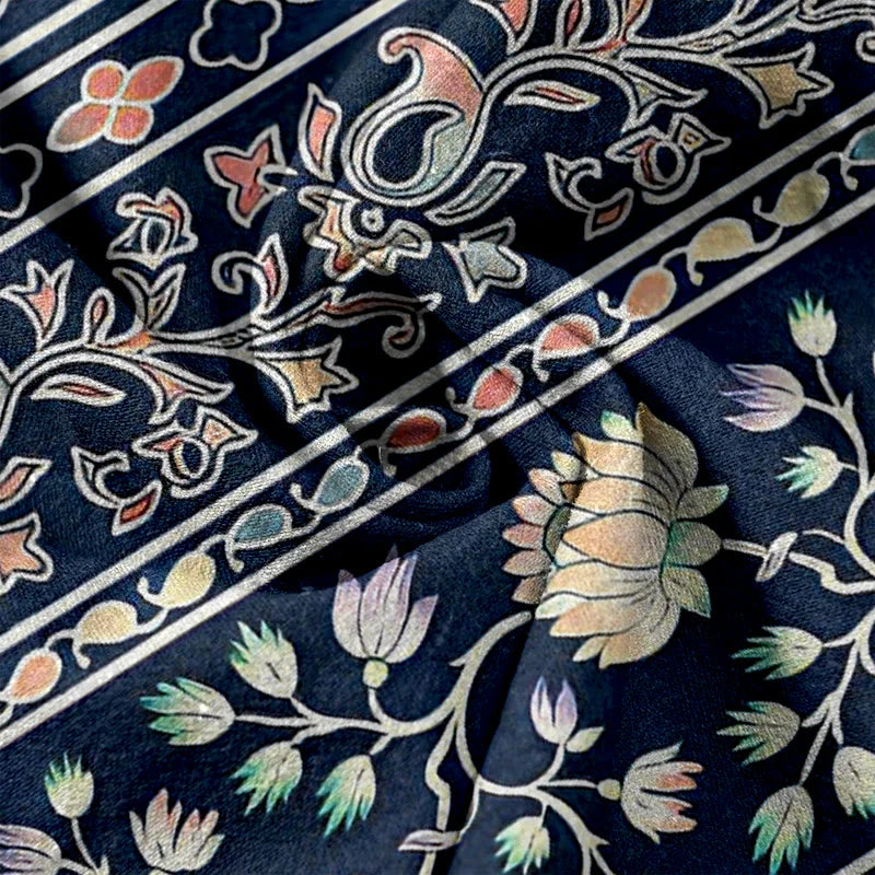 Buddha Stones Pure Cotton Paisley Lotus Pattern Women's Elastic Waist Pants With Pockets