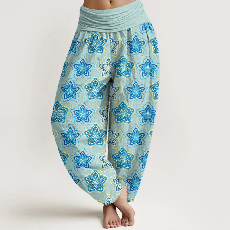 Buddha Stones Cotton Regular Layout Of Five-petal Flower Pattern Women's Elastic Waist Harem Pants