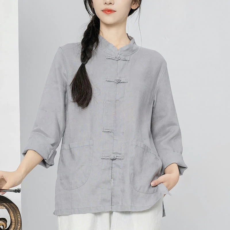 Buddha Stones Solid Color Frog-button Long Sleeve Linen Women's Shirts With Pockets