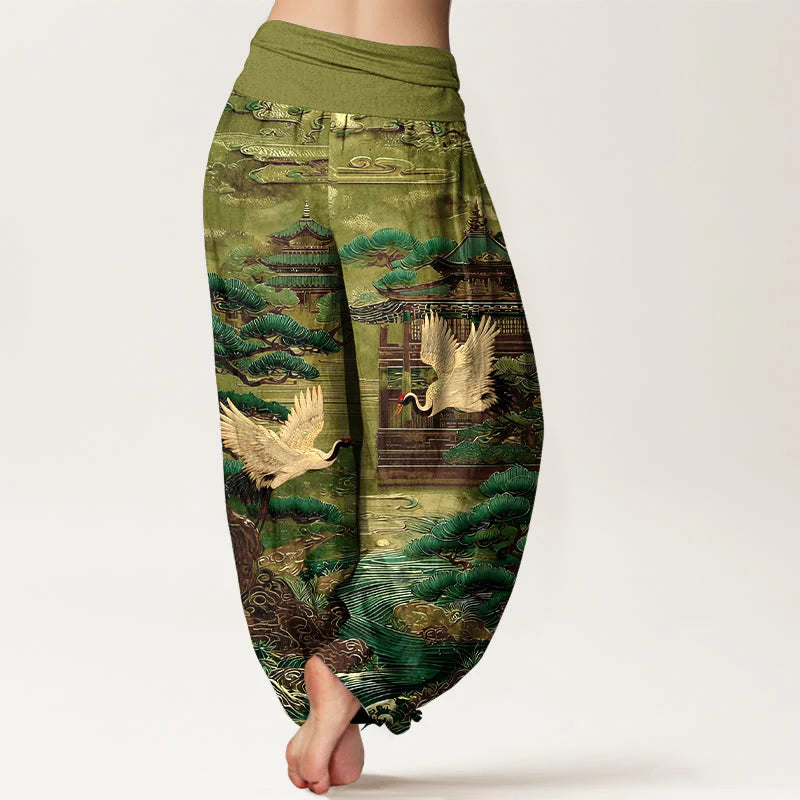 Buddha Stones Cotton Exquisite Crane Architecture Pine Tree Cloud Pattern Women's Elastic Waist Harem Pants