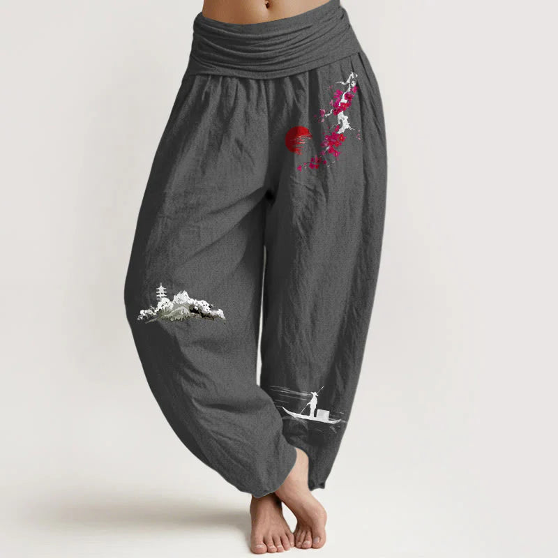 Buddha Stones Plum Blossoms Mountain Fisherman Pattern Pure Cotton Women's Elastic Waist Harem Pants