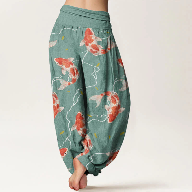 Buddha Stones Cotton Red White Koi Fish Pattern Design Women's Elastic Waist Harem Pants