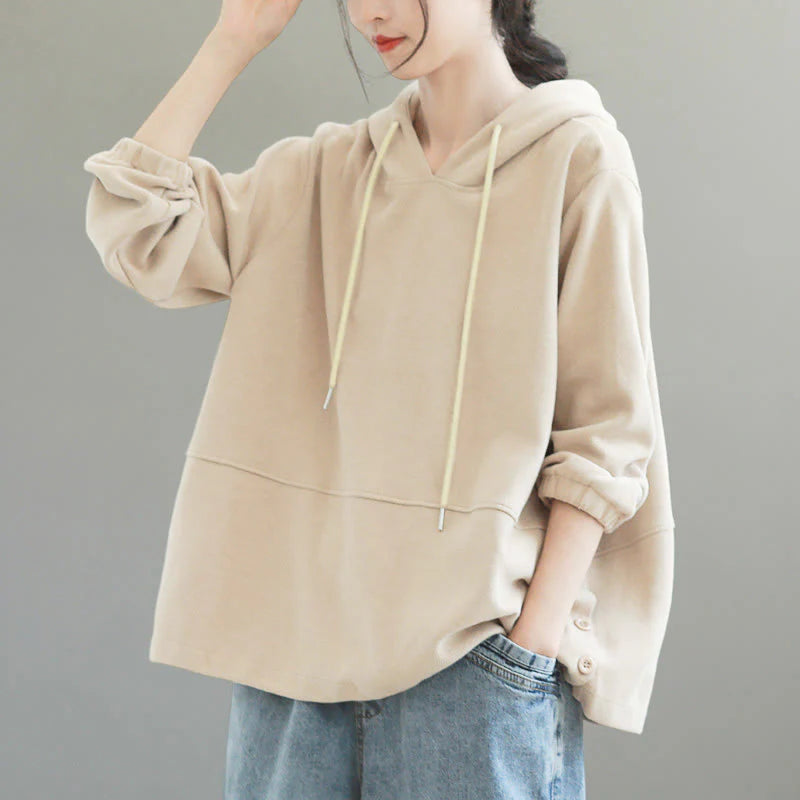Buddha Stones Fall Solid Color Side Buttons Cotton Long Sleeve Women's Hoodie