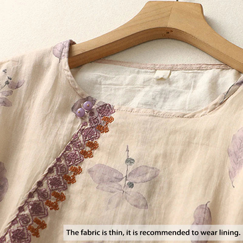 Buddha Stones Embroidery Design Leaves Women's Cotton Linen Three Quarter Sleeve Shirt