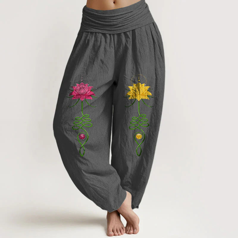 Buddha Stones Pure Cotton Strong Color Contrast Lotus Flower Pattern Women's Elastic Waist Harem Pants