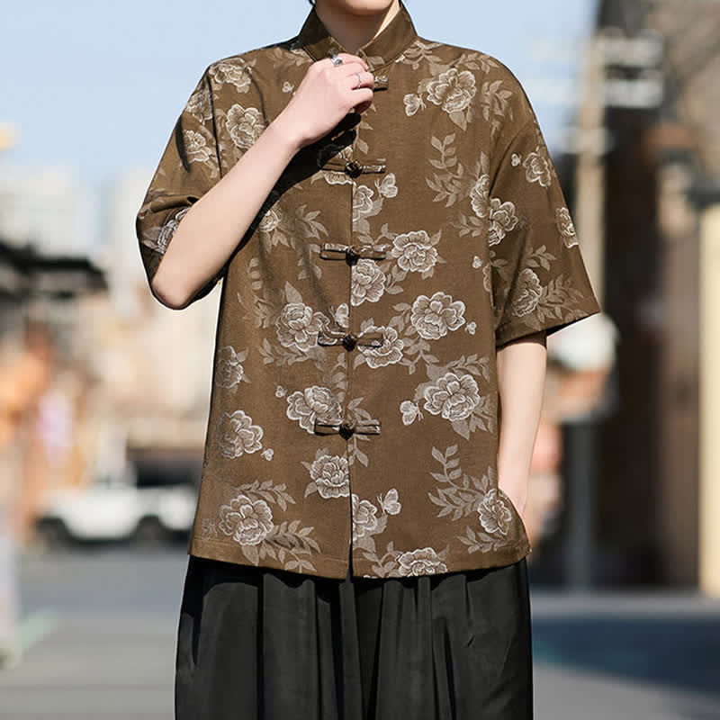 Buddha Stones Retro Frog Buttons Mandarin Collar Floral Jacquard Men's Short Sleeve Shirt