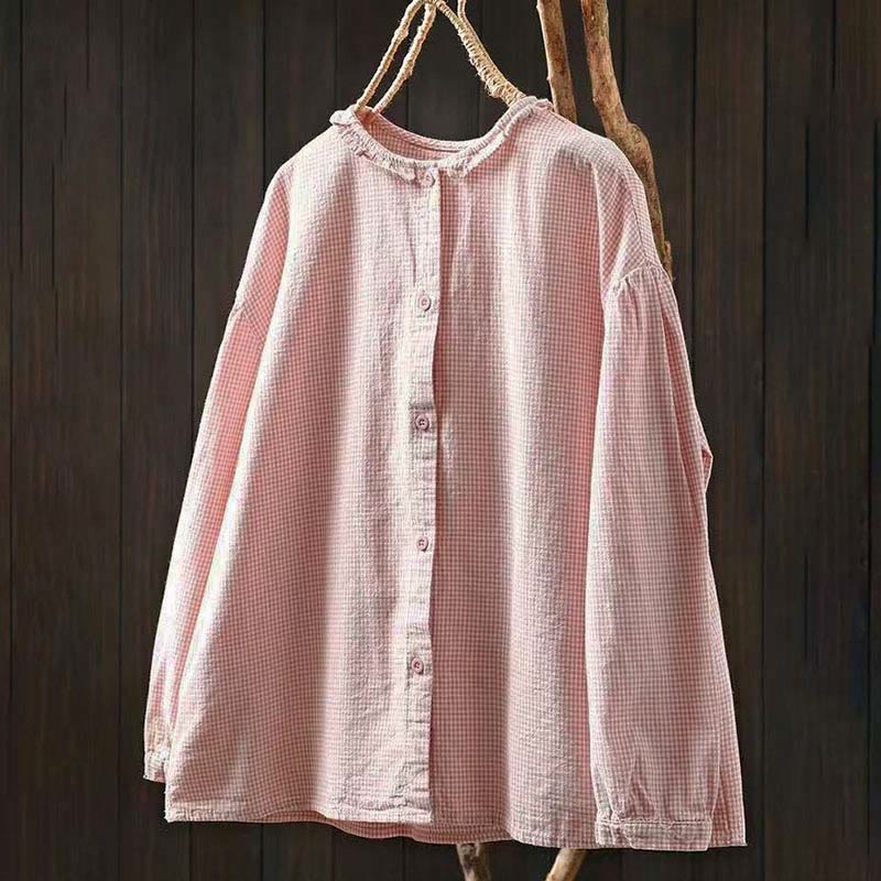 Buddha Stones Spring Small Plaid Buttons Down Long Sleeve Women's Cotton Shirt